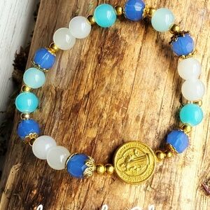 Elegant Gold and Blue untreated topaz Saint Benedict Beaded Bracelet
